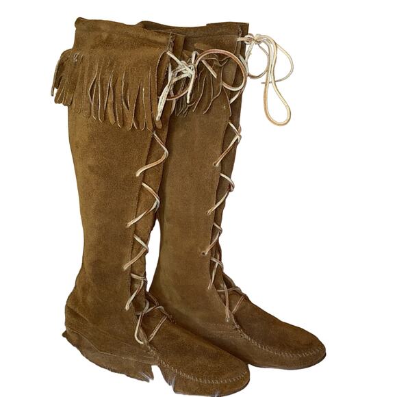 Minnetonka Knee High Leather Lace Up Moccasins 7 - Picture 1 of 12
